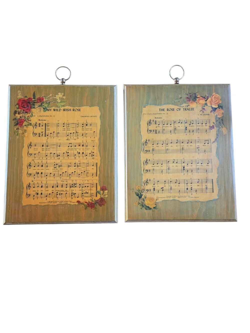 Vintage Decorative Handmade Laquered Floral Sheet Music Wall Art Pair Set of 2
